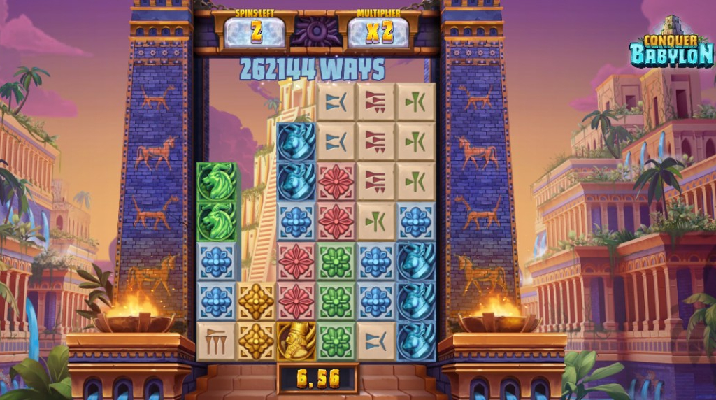 Screenshot showing all 8 rows in the Conquer Babylon slot by Relax Gaming (base game)