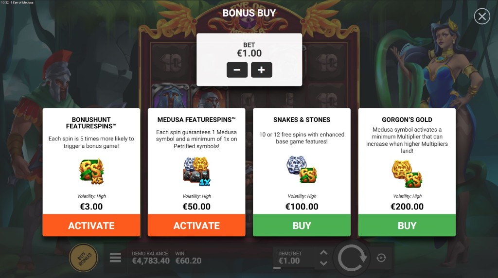Screenshot of the Bonus Buy Feature of Eye of Medusa