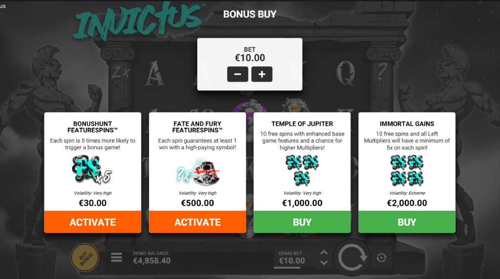 Screenshot of the Bonus Buy of Invictus