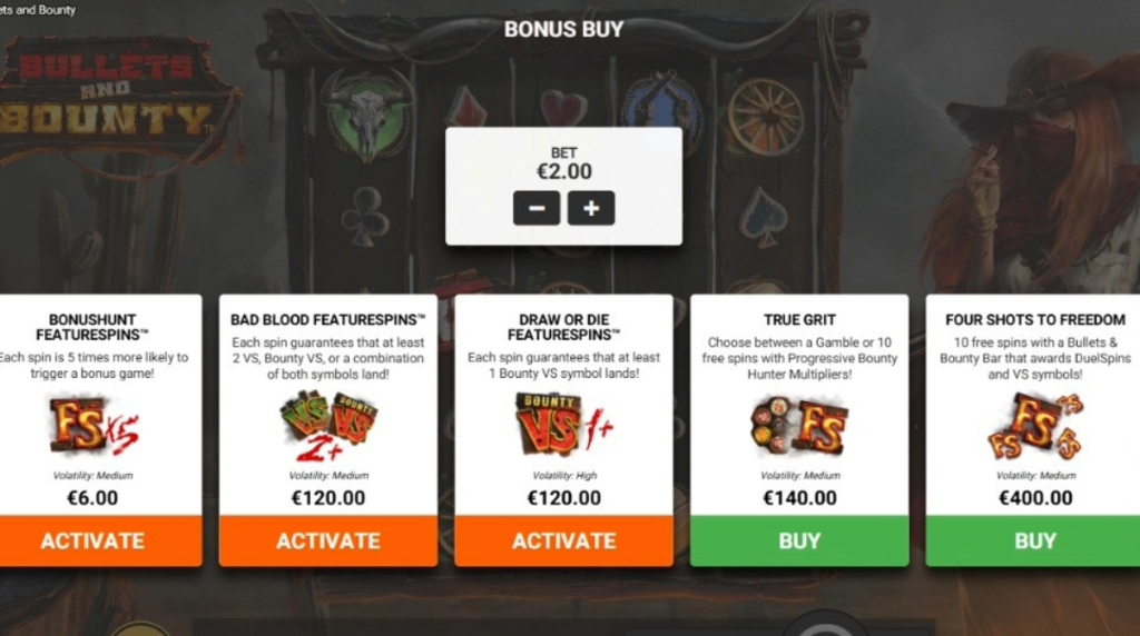 Screenshot of the Bonus Buy feature of Bullets and Bounty