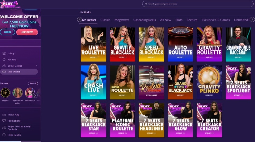 Screenshot With Details about the Live Dealer Games at PlayFame