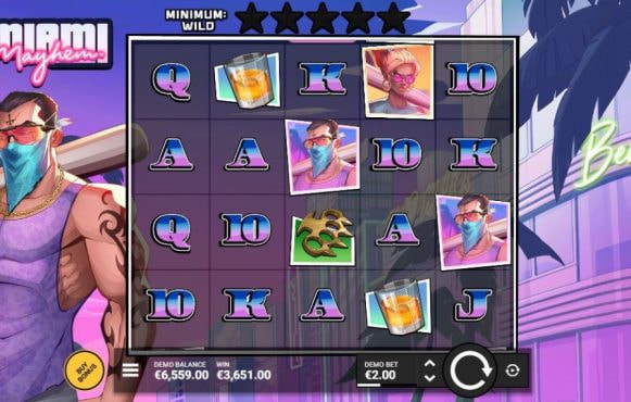 Screenshot from the New Miami Mayhem Slot by Hacksaw Gaming