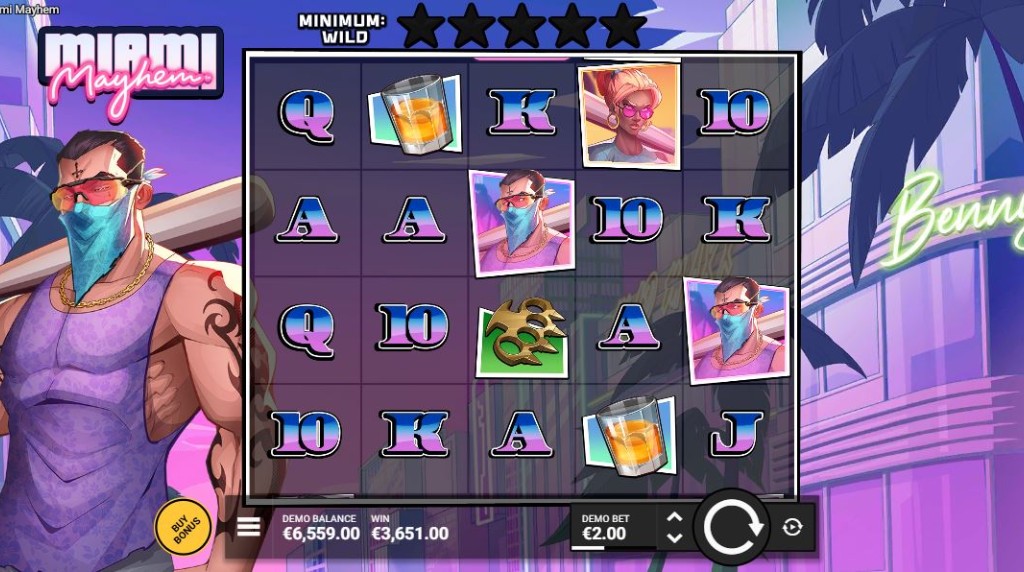 Screenshot from the New Miami Mayhem Slot by Hacksaw Gaming