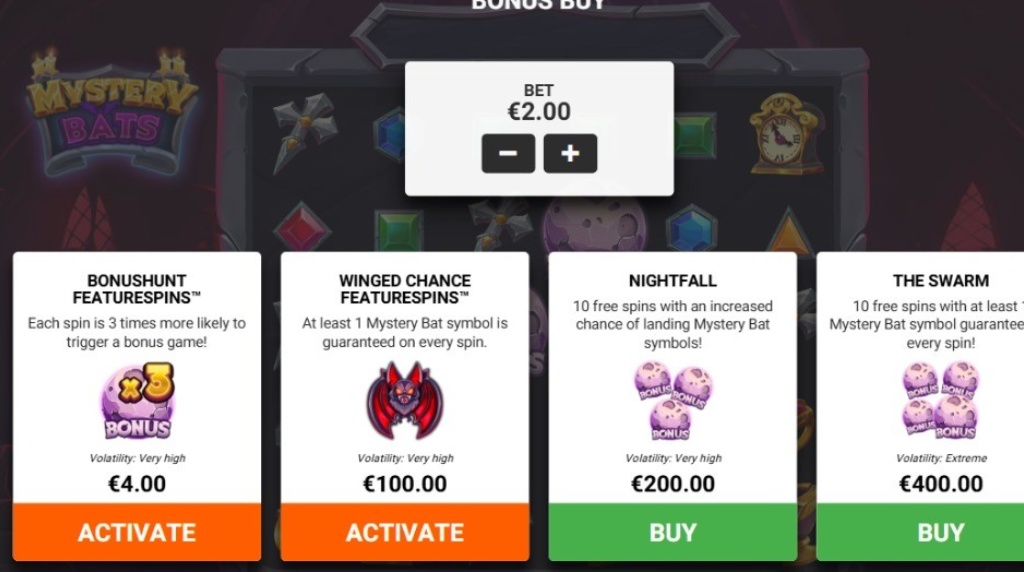The four bonus buy options available in Mystery Bat