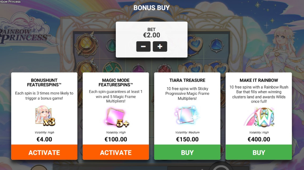 Screenshot of the Bonus Buy Screen of Rainbow Princess