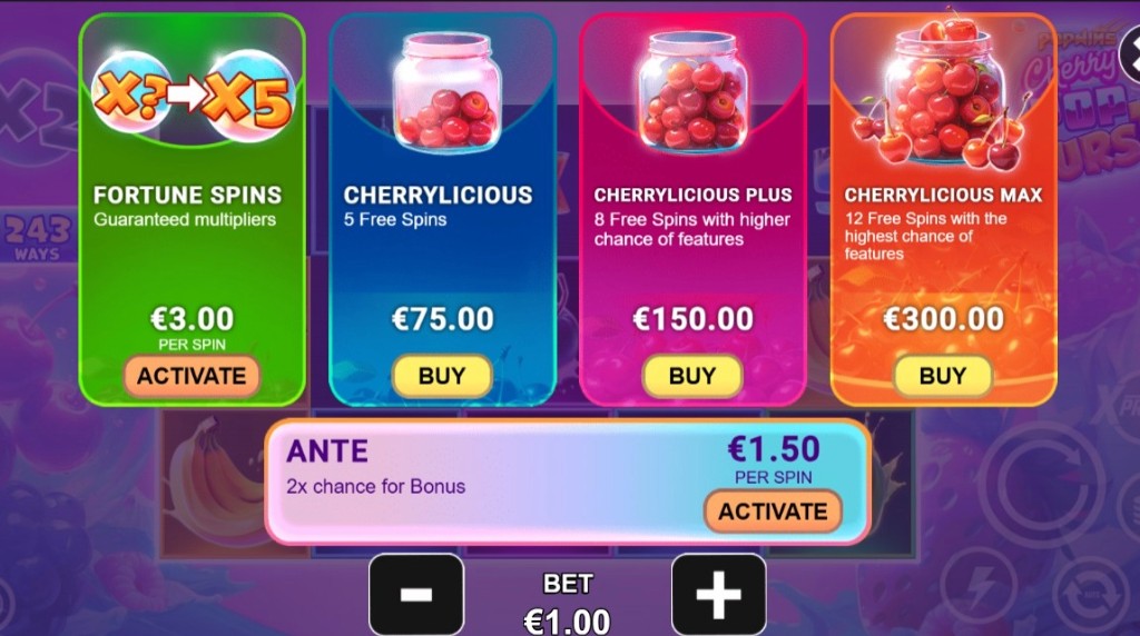 Screenshot of the Xpress Bonus Buy feature of CherryPop Burst