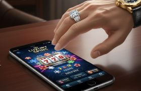 Celebrity reaching for a mobile phone running an online casino app