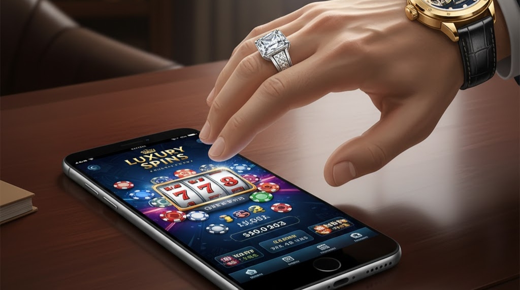 Celebrity reaching for a mobile phone running an online casino app