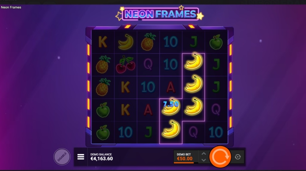 Screenshot from a win in Neon Frames