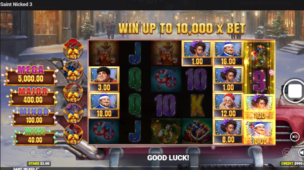 Screenshot from the new Saint Nicked 3 slot by Blueprint Gaming