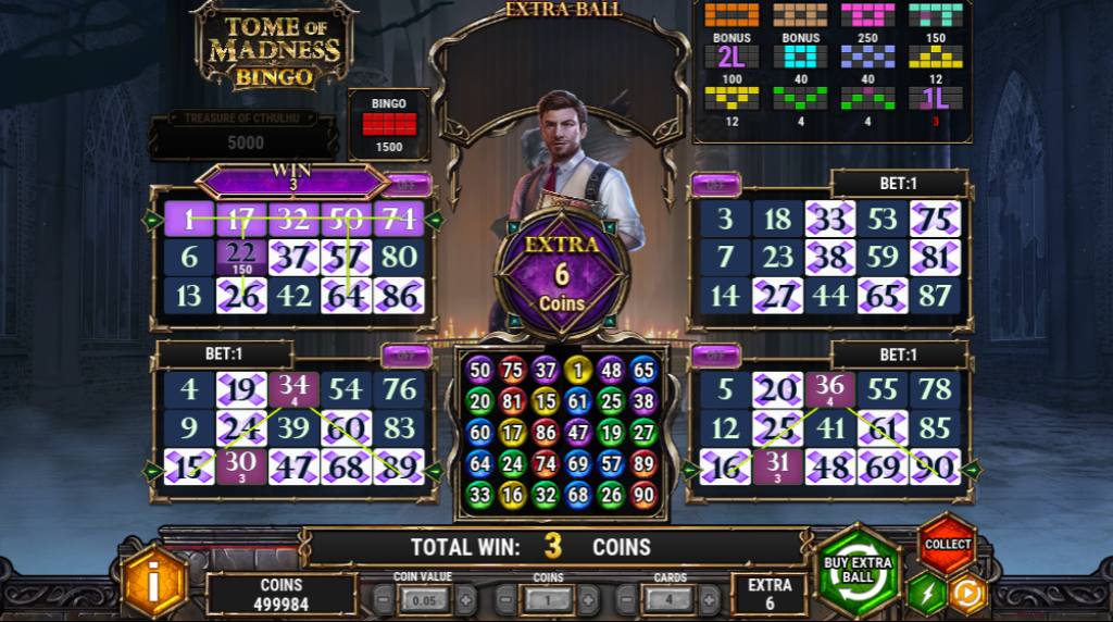 Screenshot from the Extra Ball feature of Tome of Madness Bingo