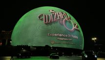 Las Vegas Sphere displaying The Wizard of Oz at night