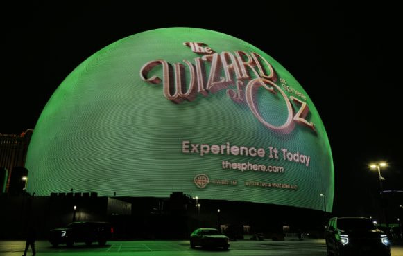 Las Vegas Sphere displaying The Wizard of Oz at night