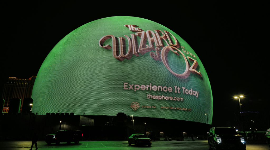 Las Vegas Sphere displaying The Wizard of Oz at night