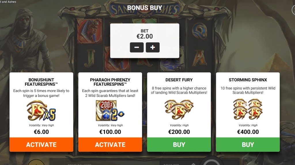 Screenshot from the bonus buy feature of Sand and Ashes