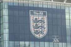 The FA logo on the side of Wembley Stadium