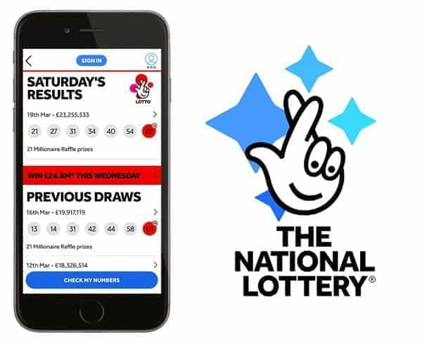 The National Lottery app on mobile.