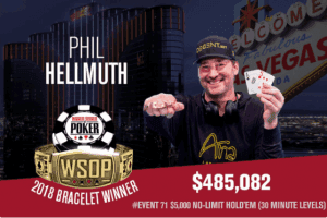 The poker champion Phil Hellmuth holds up his 15th gold bracelet.