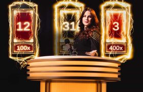A promotional image for Lightning Roulette Showing a live dealer behind a podium surrounded by lightning effects.