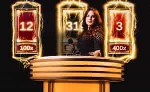 A promotional image for Lightning Roulette Showing a live dealer behind a podium surrounded by lightning effects. 