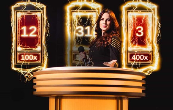 A promotional image for Lightning Roulette Showing a live dealer behind a podium surrounded by lightning effects.
