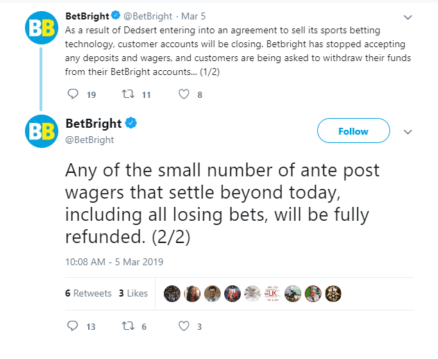 BetBright Twitter Post detailing the refunding of bets.