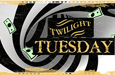 The text Twilight Tuesday hovering next to a closed door.