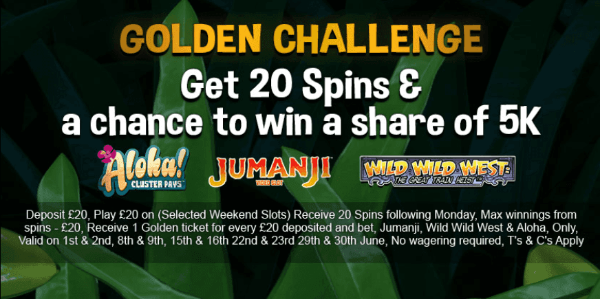 Get 20 spins and a chance to win 5k with the Golden Challenge.