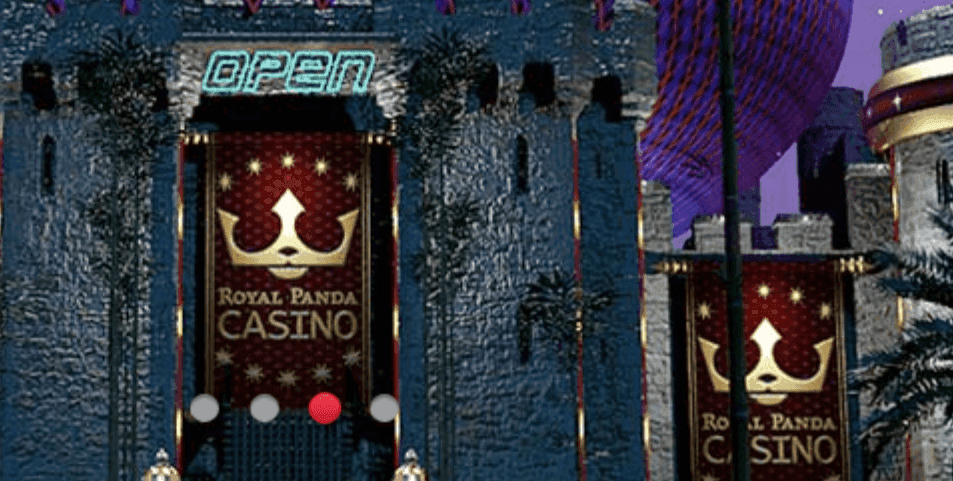 A door to a casino with the Royal Panda brand on it.