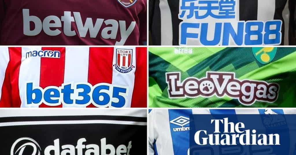 Various different betting company sponsored football strips.