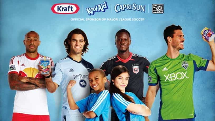 MLS players with two children in a promotional poster.