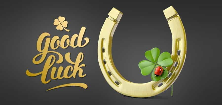 A horse shoe, ladybird, four-leaf clover and the words "good luck",