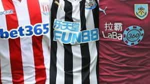 Three football shirts showing gambling company sponsorships.