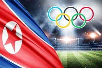 The North Korean flag and the Olympic rings.