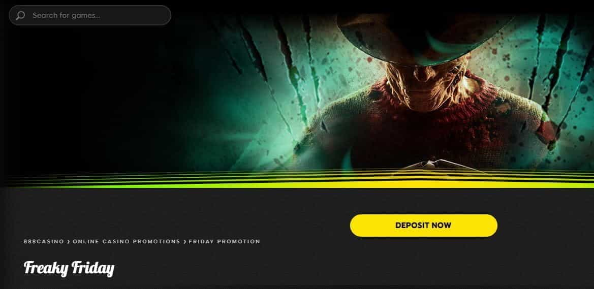 The Freaky Friday bonus landing page at 888casino, with Freddy Krueger.