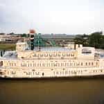 The Belle of Baton Rouge, a large riverboat casino, docked afloat the Mississippi River.
