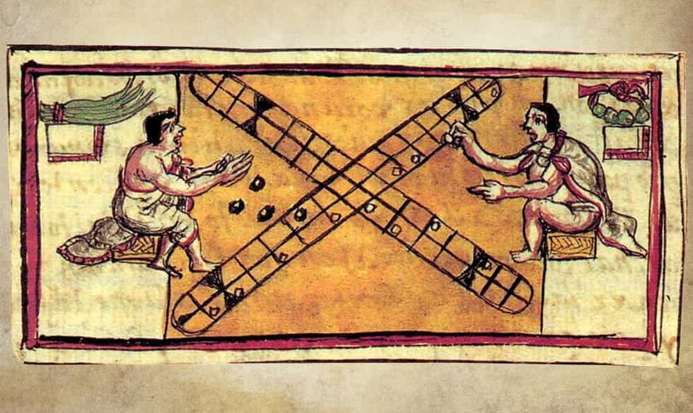 Drawing of two people playing patolli.