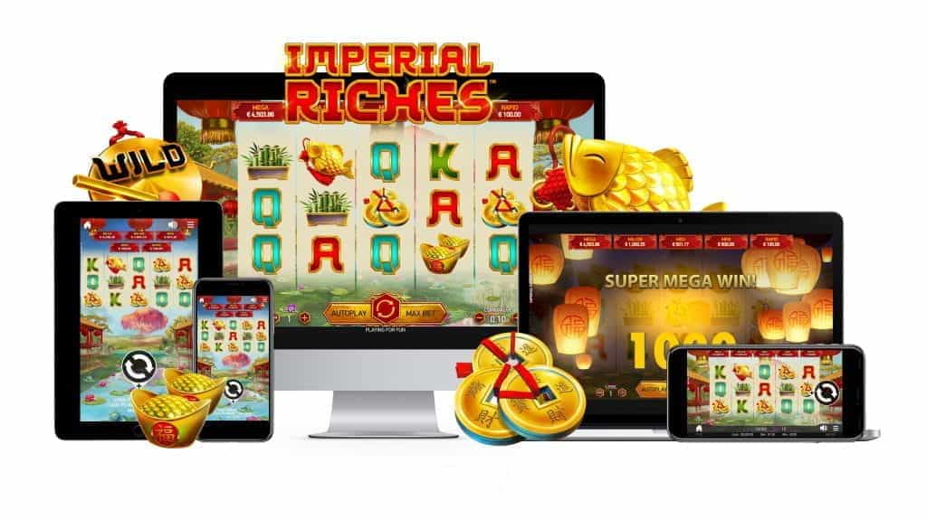 The Imperial Riches slot game on a desktop and various tablet and mobile devices.