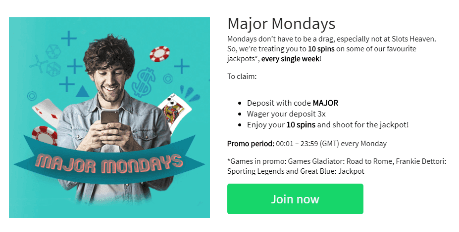 The Major Mondays free spins promotion at Slots Heaven