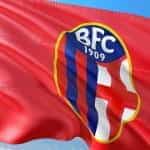 The Bologna F.C. logo printed on a red flag.