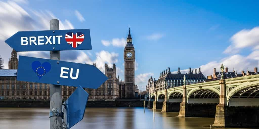 Signposts pointing to Brexit and the EU over a backdrop of Westminster Bridge and the Palace of Westminster.