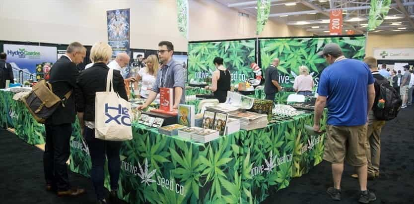 Stall at Cannabis Conference in Niagara Falls, with patrons viewing cannabis products on show.