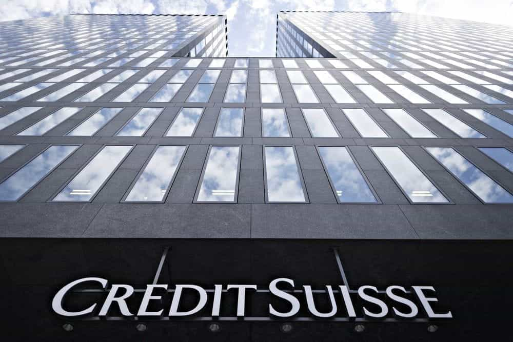 The front of a Credit Suisse building.