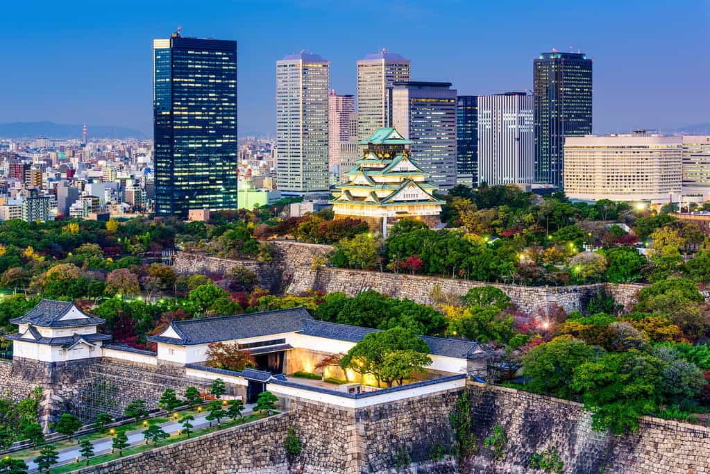 Osaka city with the historic castle in the center.