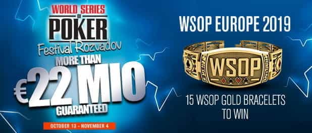 A poster for the wsope. A WSOP bracelet is featured as well as the €22 million guaranteed in bold.