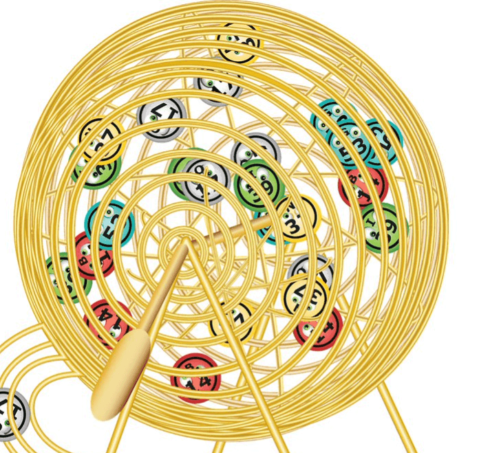 A colorful digital cartoon of a lottery tumbler wheel filled with circling balls with various numbers on them.