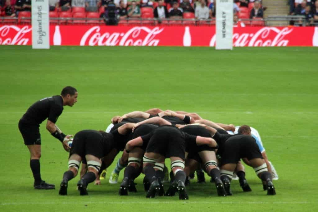 The New Zealand rugby team scrum.