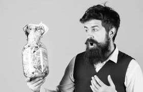 A bearded man gasping while looking at a jar full of money.