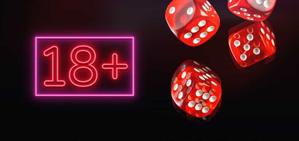 Casino dice next to a neon sign that says "18+".