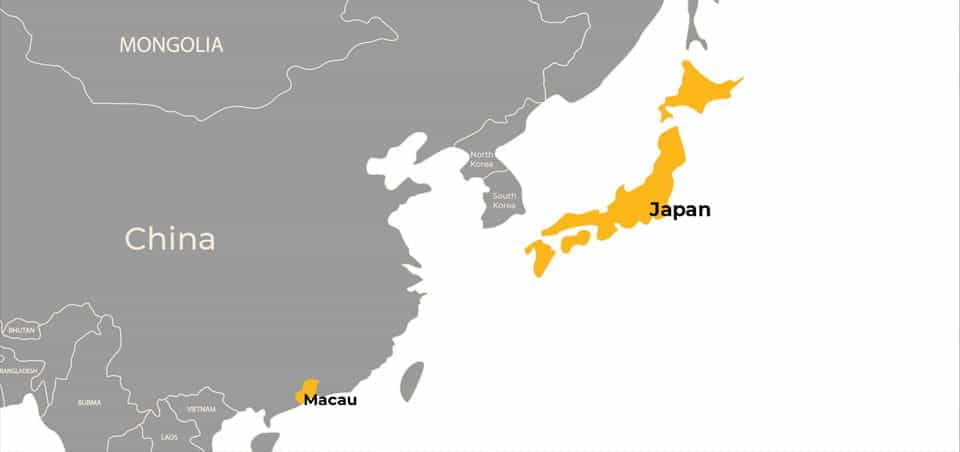 A map of eastern Asia, with Japan and Macau highlighted.